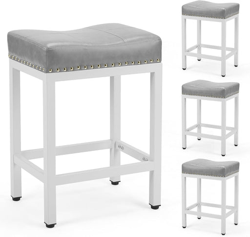 Counter Bar Stools Set of 4, 24 Inch Barstools for Kitchen Island, Upholated PU Leather Kitchen Chairs with Thick Saddle Seat & Metal Base and Footrest, Grey