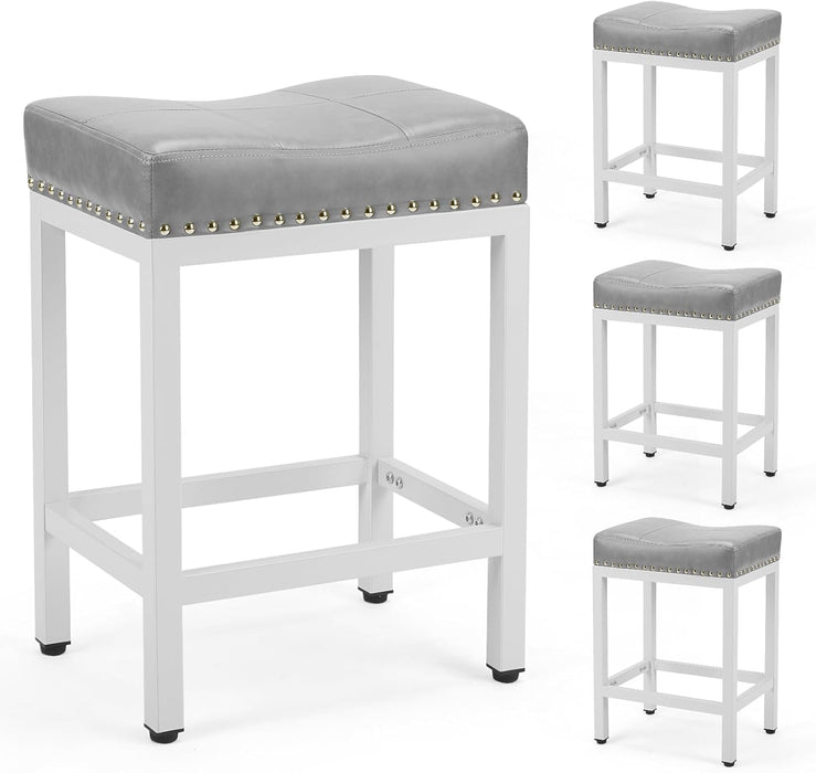 Counter Bar Stools Set of 4, 24 Inch Barstools for Kitchen Island, Upholated PU Leather Kitchen Chairs with Thick Saddle Seat & Metal Base and Footrest, Grey