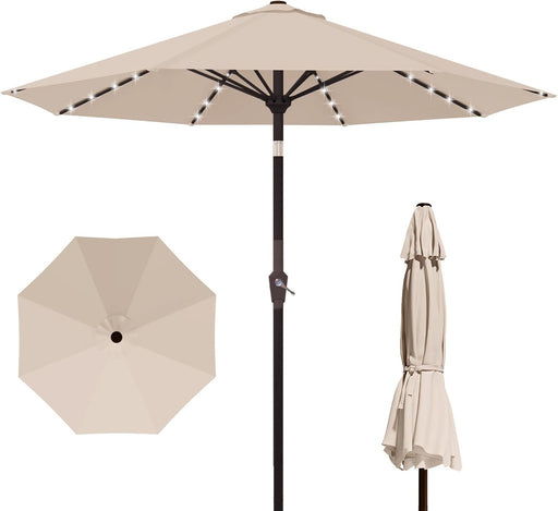 9FT Outdoor Patio Umbrella with Solar Lights, Market Table Umbrella with Push Button Tilt & Crank, 8 Sturdy Ribs, 32 LED Lights, UV Protection for Garden Lawn Deck Backyard Pool (Beige)