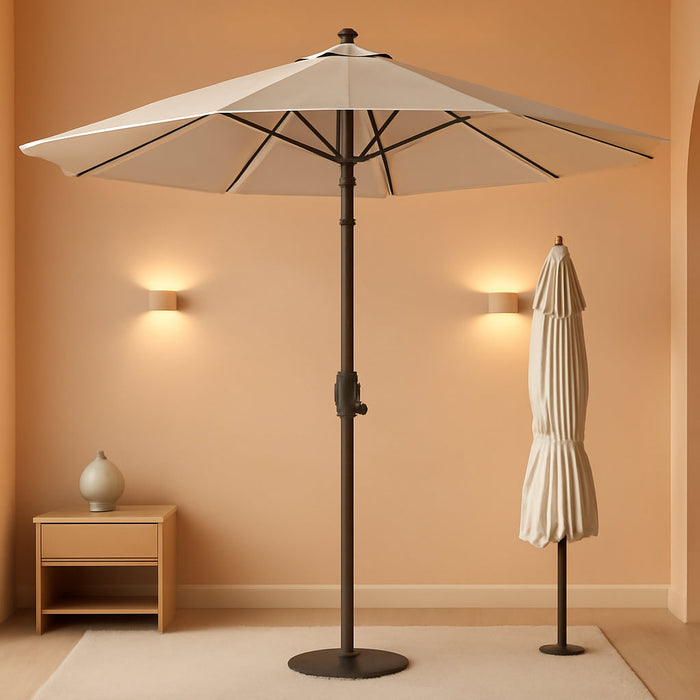 9FT Outdoor Patio Umbrella with Solar Lights, Market Table Umbrella with Push Button Tilt & Crank, 8 Sturdy Ribs, 32 LED Lights, UV Protection for Garden Lawn Deck Backyard Pool (Beige)