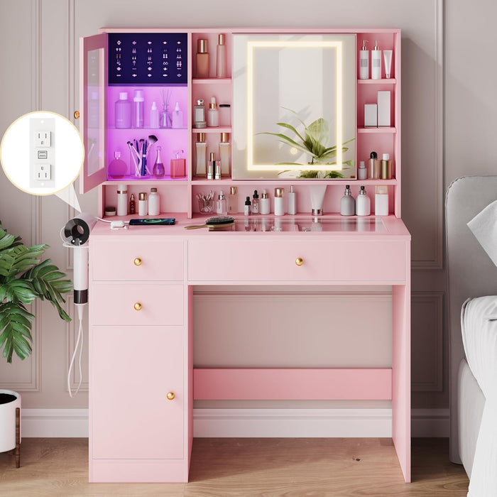 Pink Makeup Vanity Console With Illuminated Mirror