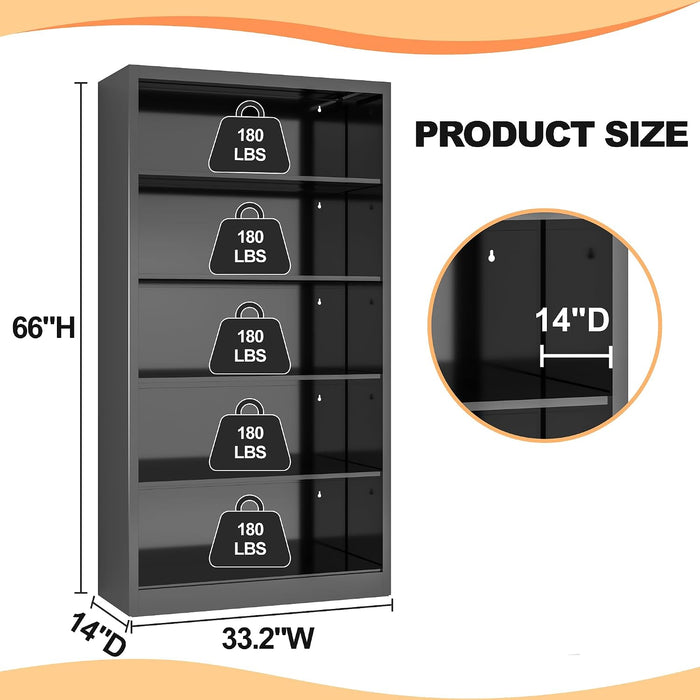 66" Tall Metal Bookcase, 5 Shelf Black Bookcase with Adjustable Shelves, Large Bookshelves and Bookcases, Modern Book Shelf Storage Organizer for Living Room, Home Office, Library (Black)