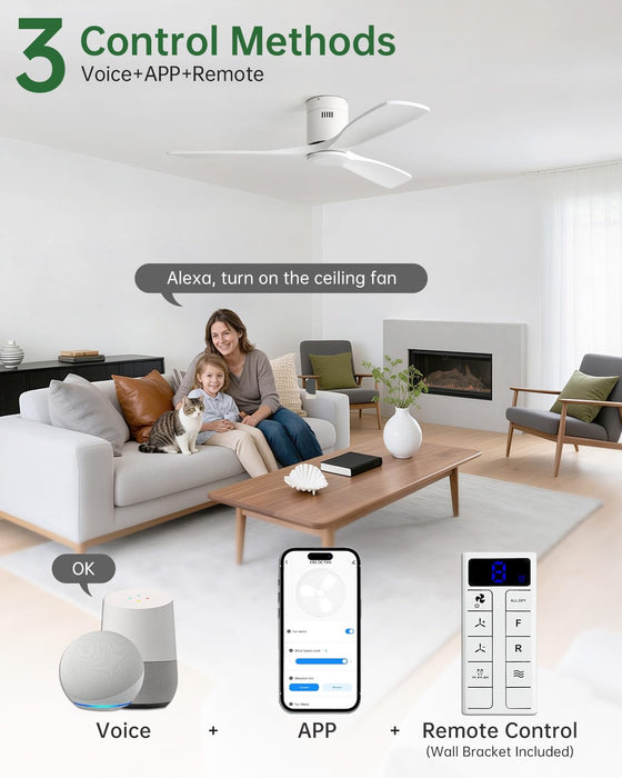 52 Inch Smart Ceiling Fan No Light, Flush Mount Low Profile