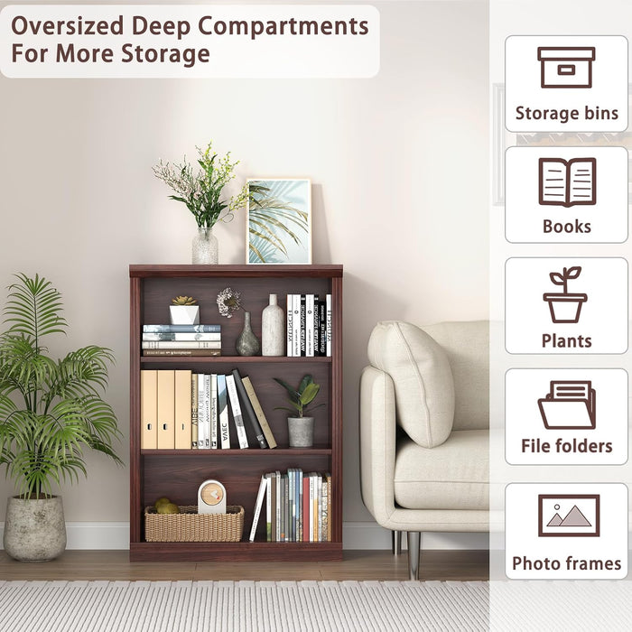 3-Shelf Bookcase, Wood Bookshelves for Living Room, Library, Office