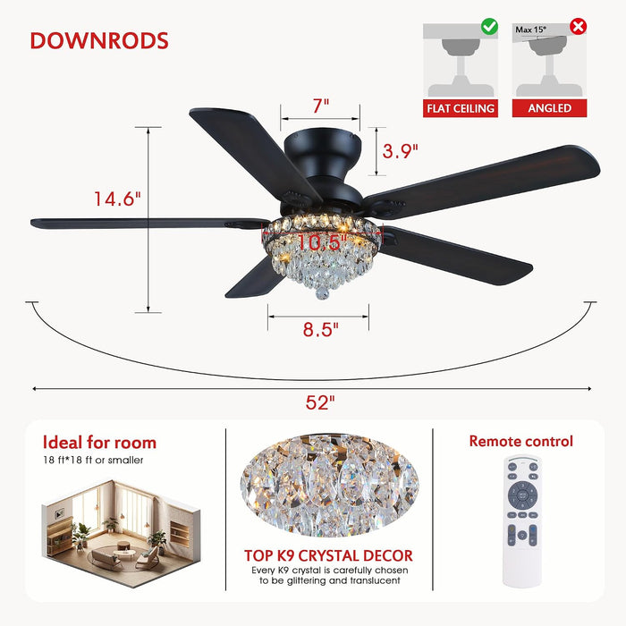 Crystal Ceiling Fan Fandelier with Lights-Modern Ceiling Fan(52" Black)