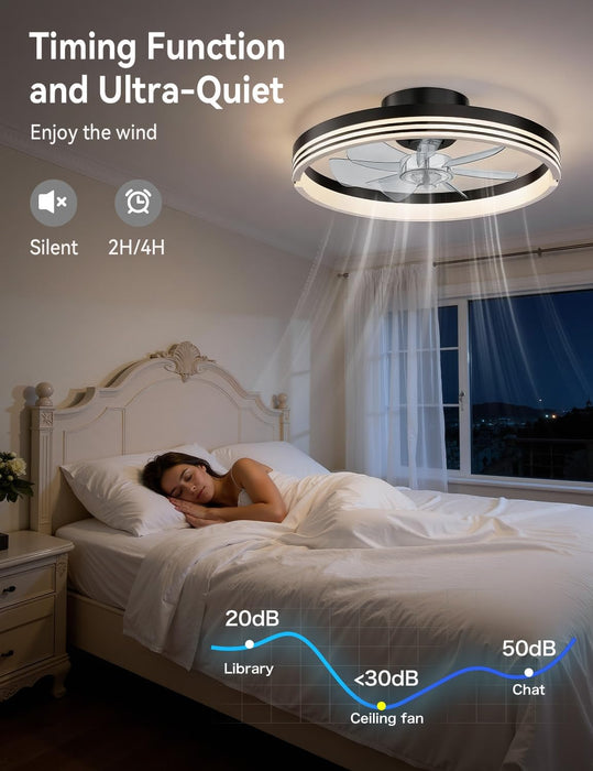 Modern Bladeless Ceiling Fans with Lights, Small Fandelier Bedroom Ceiling Fan - Low Profile LED Fan Light with Remote APP, Flush Mount, Dimmable, DC Motor, 6 Speeds, Timer (18 Inch, Black)