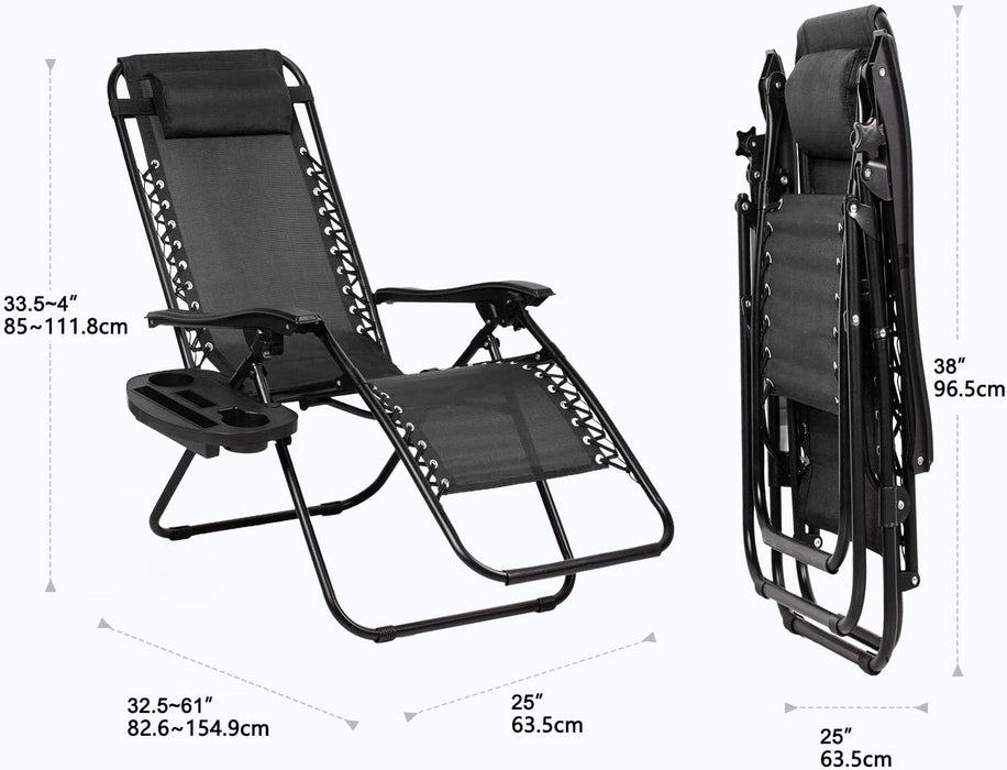 Set of 2 Relaxing Recliners Patio Chairs Adjustable Steel Mesh Zero Gravity Lounge Chair Beach Chairs with Pillow and Cup Holder Black