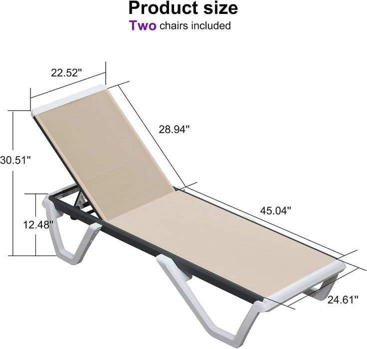 Lounge Chair Outdoor Set of 2 Chaise Lounge W/Wheels, Khaki