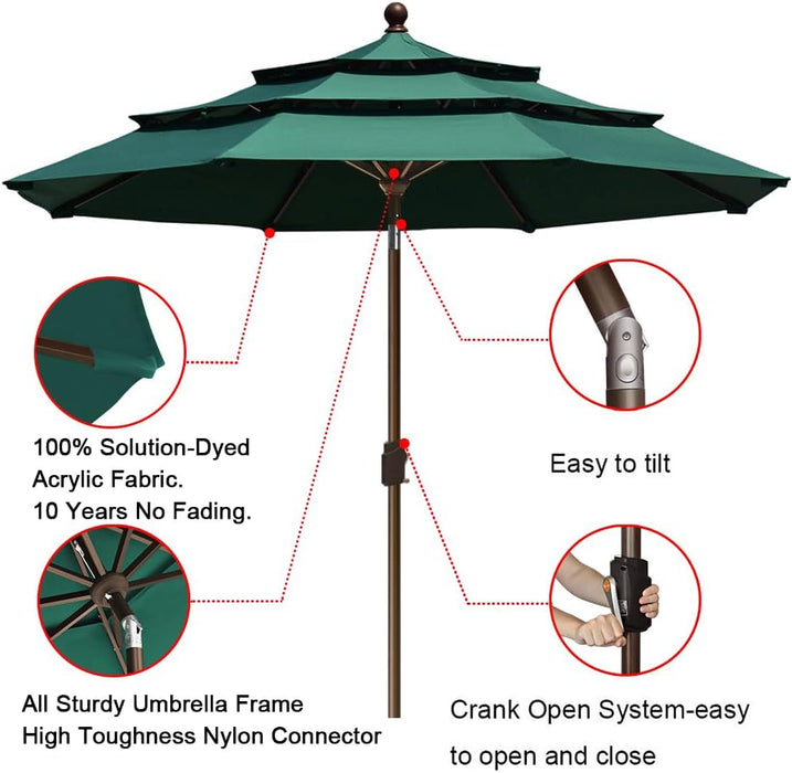 USA 10-Year-Non-Fading 9Ft 3-Tier Market Patio Umbrella, Commercial Grade Outdoor Table Umbrella with Crank Open, Windproof & UPF 50+ UV Protection, Heavy Duty Ventilation for Garden, Deck, Pool, Backyard, Beach & Bistro, Forest Green