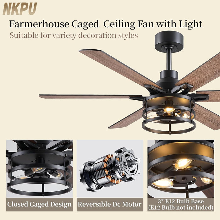 52 Inch Farmhouse Ceiling Fan with Light and Remote, Brown Industrial Caged Rustic Ceiling Fan with 6 Speed