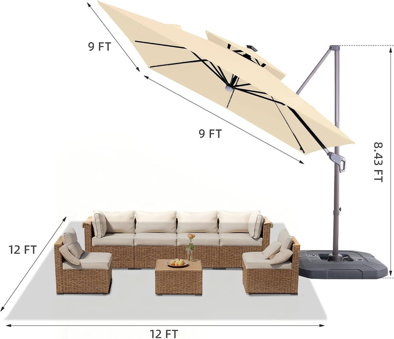 9X9 FT Cantilever Offset Patio Umbrella with Lights & Base