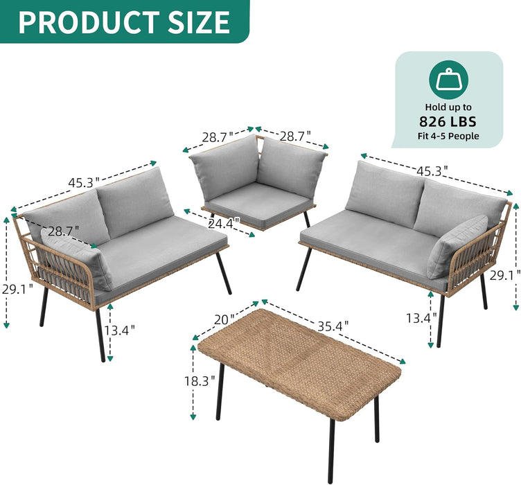 4 Pieces Patio Furniture Set, Outdoor Wicker Conversation Sectional L-Shaped Sofa with 5 Seater for Backyard, Porch, Boho Detachable Lounger with Thickness Cushions and Side Table - Grey