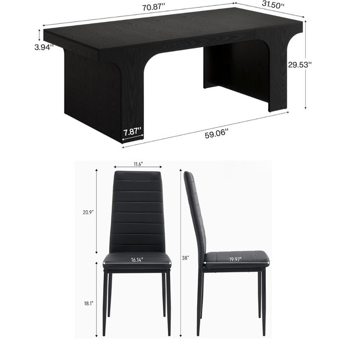 71 Inch Black Farmhouse Dining Table Set with 6 Tufted Upholstered Chairs