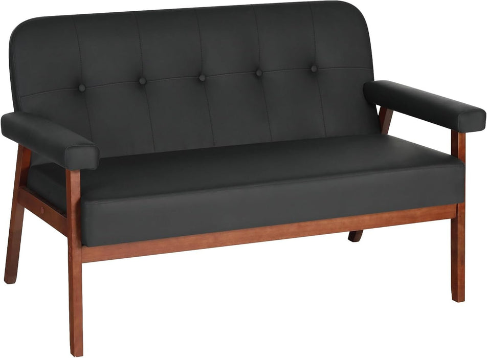 Black Faux Leather Mid Century Loveseat Sofa with Cushions - ShipItFurniture