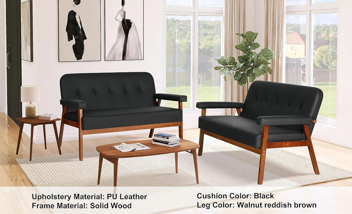 Black Faux Leather Mid Century Loveseat Sofa with Cushions - ShipItFurniture
