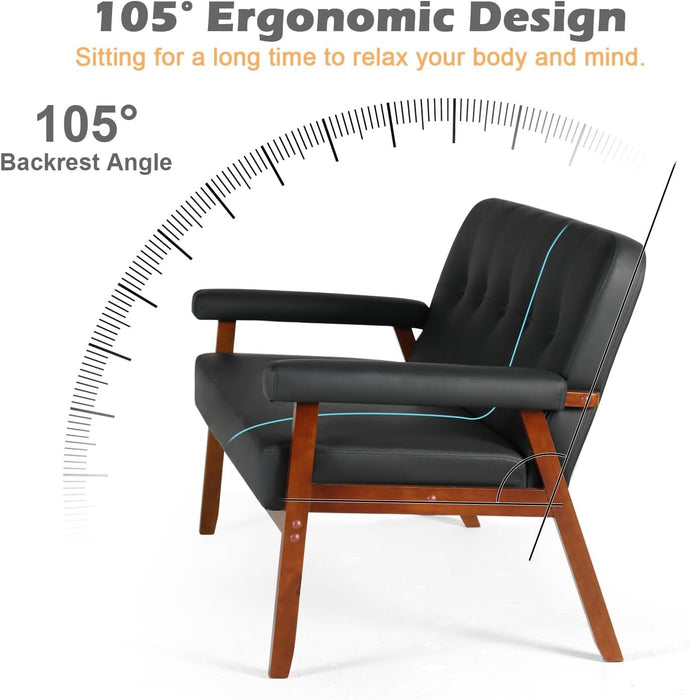 Black Faux Leather Mid Century Loveseat Sofa with Cushions - ShipItFurniture