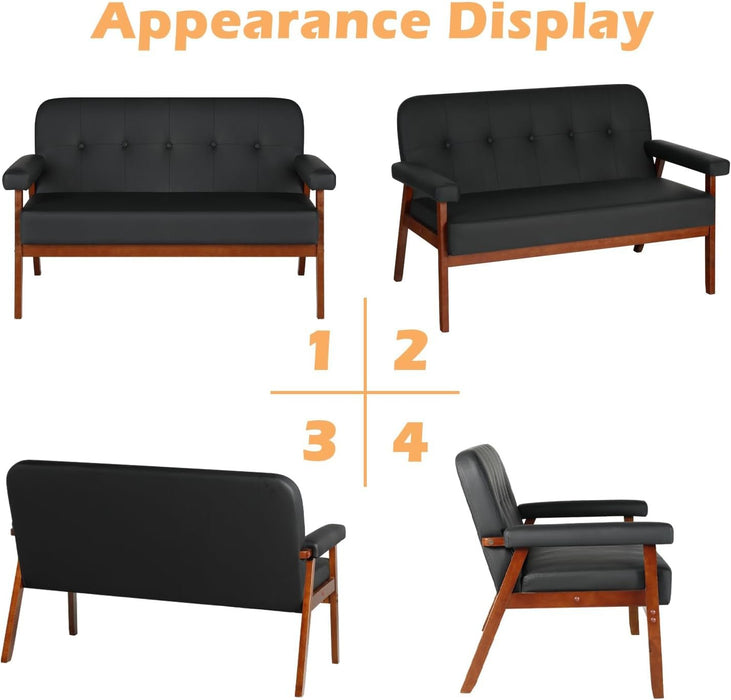 Black Faux Leather Mid Century Loveseat Sofa with Cushions - ShipItFurniture