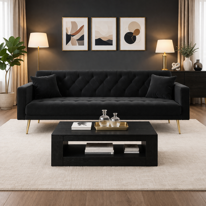 71" Black Velvet Futon Sofa Bed with 35" Storage Coffee Table 2-Piece Living Room Set