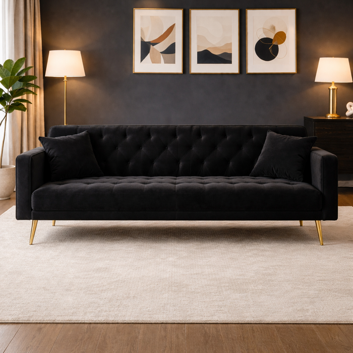 71" Black Velvet Futon Sofa Bed with 35" Storage Coffee Table 2-Piece Living Room Set