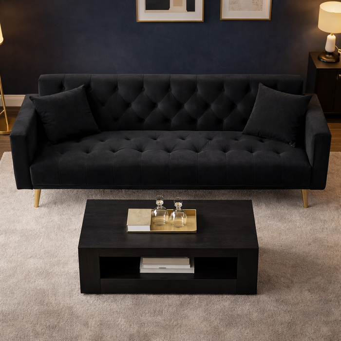 71" Black Velvet Futon Sofa Bed with 35" Storage Coffee Table 2-Piece Living Room Set