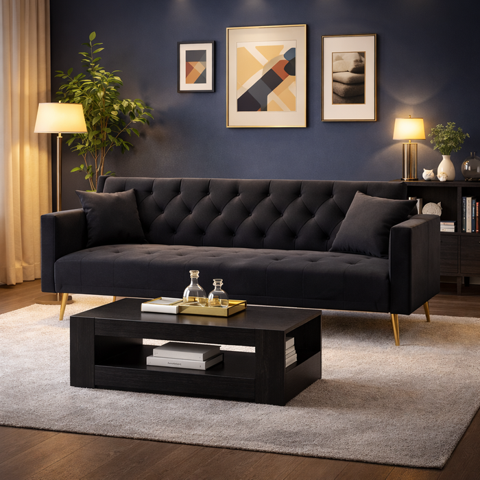 71" Black Velvet Futon Sofa Bed with 35" Storage Coffee Table 2-Piece Living Room Set
