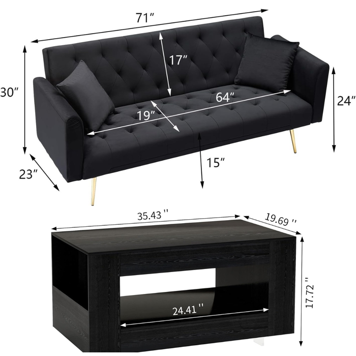 71" Black Velvet Futon Sofa Bed with 35" Storage Coffee Table 2-Piece Living Room Set