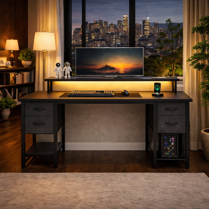 47 Inch Black Computer Desk with 4 Drawers, LED Lights, Power Hub and Task Chair Set
