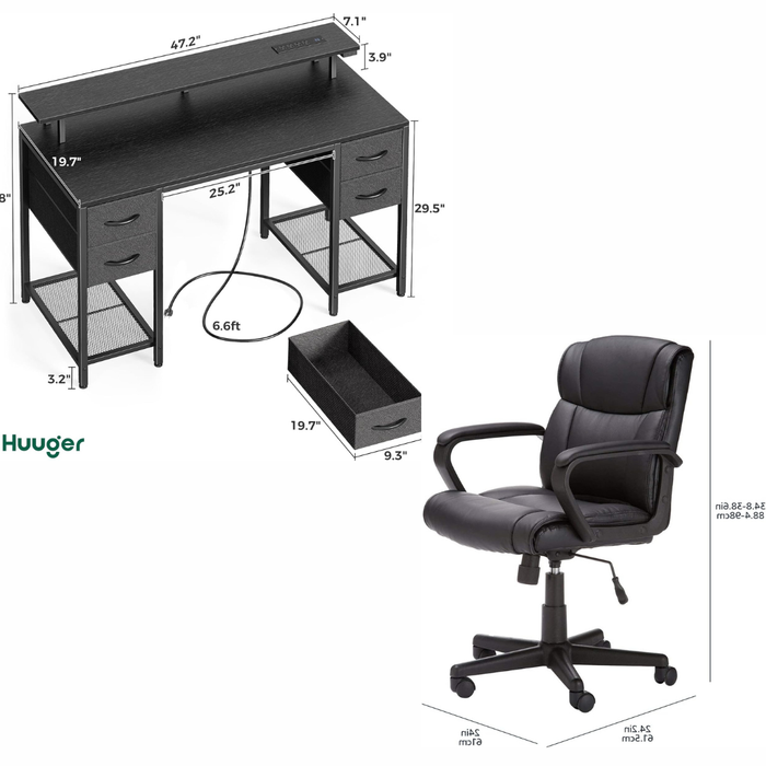 47 Inch Black Computer Desk with 4 Drawers, LED Lights, Power Hub and Task Chair Set
