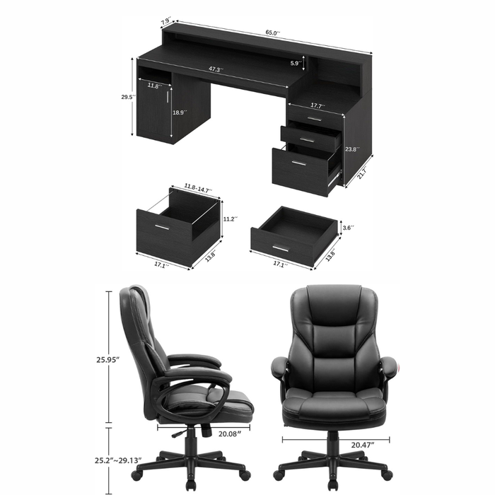 65 Inch Black Computer Desk with Storage Shelves, 3 Drawer File Cabinet and Office Chair Set
