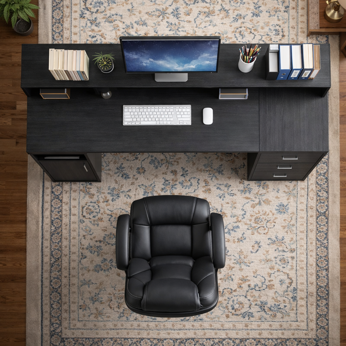 65 Inch Black Computer Desk with Storage Shelves, 3 Drawer File Cabinet and Office Chair Set