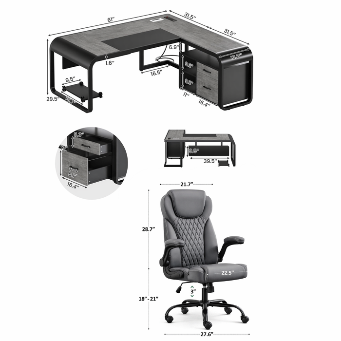 63" Farmhouse Executive Desk with Storage Cabinet & Ergonomic High-Back Chair Set White