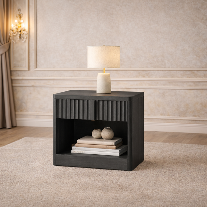 Queen Velvet Wingback Bed with 2 Fluted Nightstands Set Black Upholstered Platform Bed