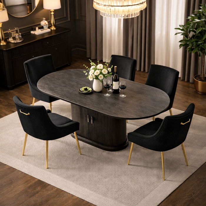 47.2"–63" Extendable Fluted Dining Table with Storage Cabinet & 4 Black Velvet Chairs Set
