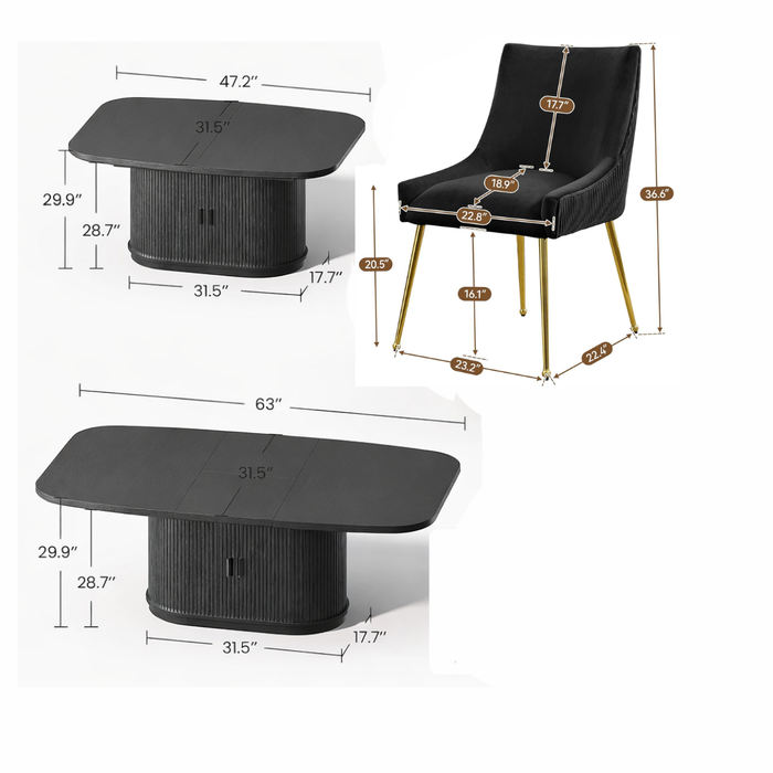 47.2"–63" Extendable Fluted Dining Table with Storage Cabinet & 4 Black Velvet Chairs Set