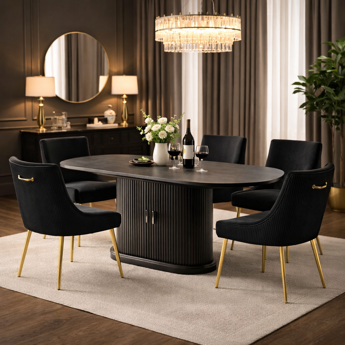 47.2"–63" Extendable Fluted Dining Table with Storage Cabinet & 4 Black Velvet Chairs Set