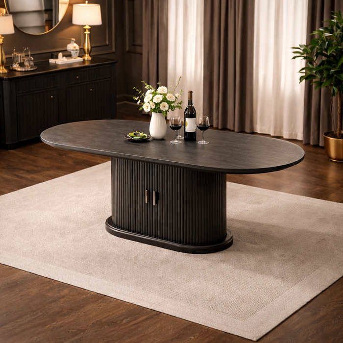 47.2"–63" Extendable Fluted Dining Table with Storage Cabinet & 4 Black Velvet Chairs Set