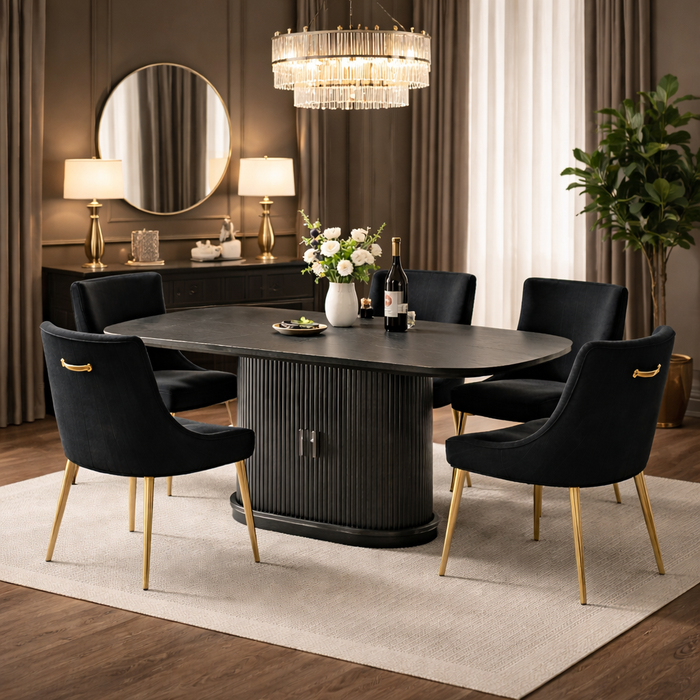 47.2"–63" Extendable Fluted Dining Table with Storage Cabinet & 4 Black Velvet Chairs Set