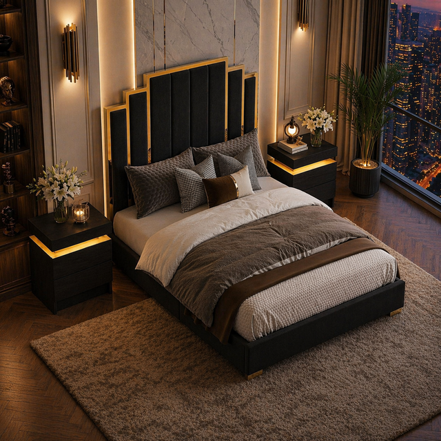 Queen Velvet Platform Bed with Gold Trim and 2 LED Nightstands Set Black