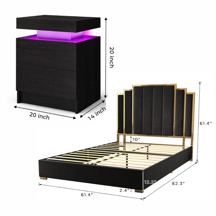 Queen Velvet Platform Bed with Gold Trim and 2 LED Nightstands Set Black