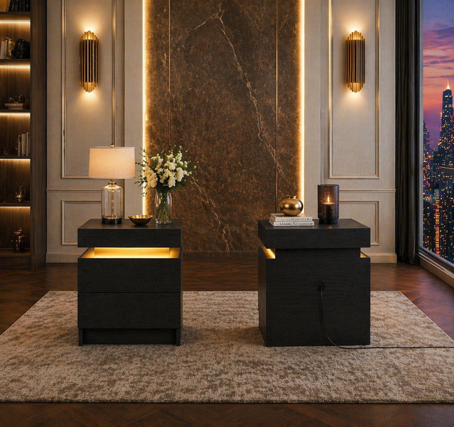 Queen Velvet Platform Bed with Gold Trim and 2 LED Nightstands Set Black