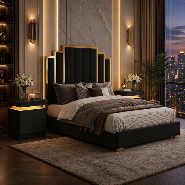 Queen Velvet Platform Bed with Gold Trim and 2 LED Nightstands Set Black