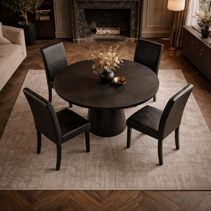 47.24" Round Dining Table with 4 Upholstered Chairs – Black 5-Piece Dining Set