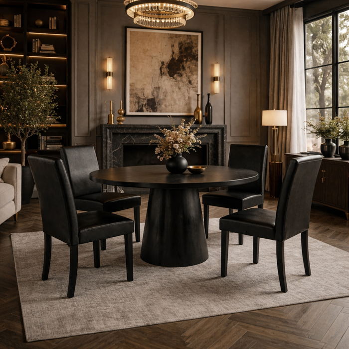 47.24" Round Dining Table with 4 Upholstered Chairs – Black 5-Piece Dining Set