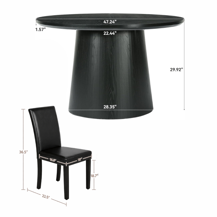 47.24" Round Dining Table with 4 Upholstered Chairs – Black 5-Piece Dining Set