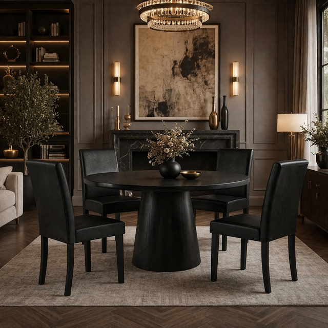 47.24" Round Dining Table with 4 Upholstered Chairs – Black 5-Piece Dining Set
