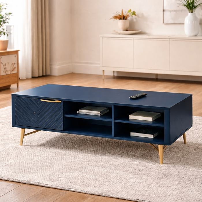 84" L-Shaped Chenille Sectional Sofa with Ottoman and Storage Coffee Table Set Dark Blue