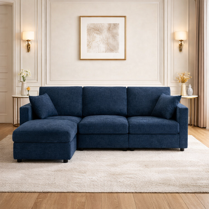 84" L-Shaped Chenille Sectional Sofa with Ottoman and Storage Coffee Table Set Dark Blue