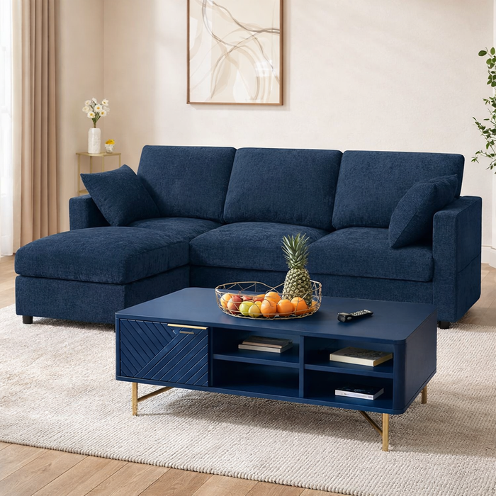 84" L-Shaped Chenille Sectional Sofa with Ottoman and Storage Coffee Table Set Dark Blue