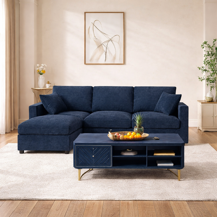 84" L-Shaped Chenille Sectional Sofa with Ottoman and Storage Coffee Table Set Dark Blue