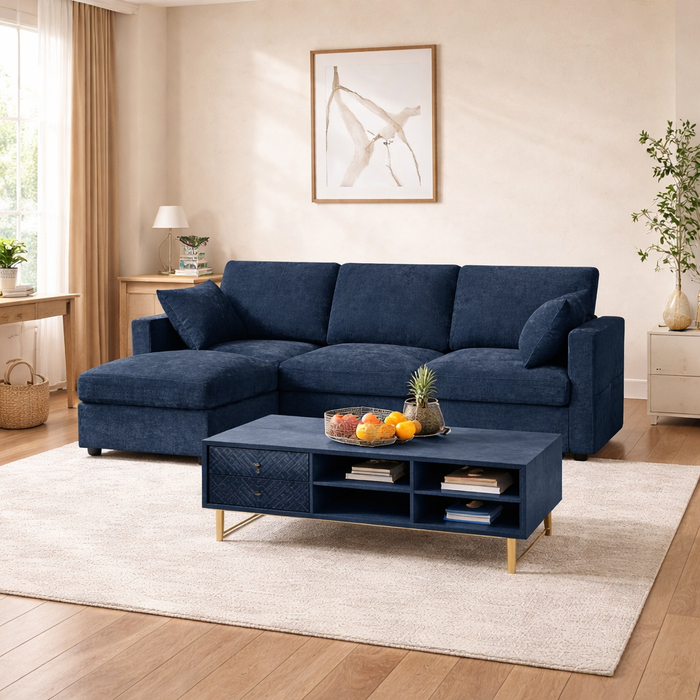84" L-Shaped Chenille Sectional Sofa with Ottoman and Storage Coffee Table Set Dark Blue